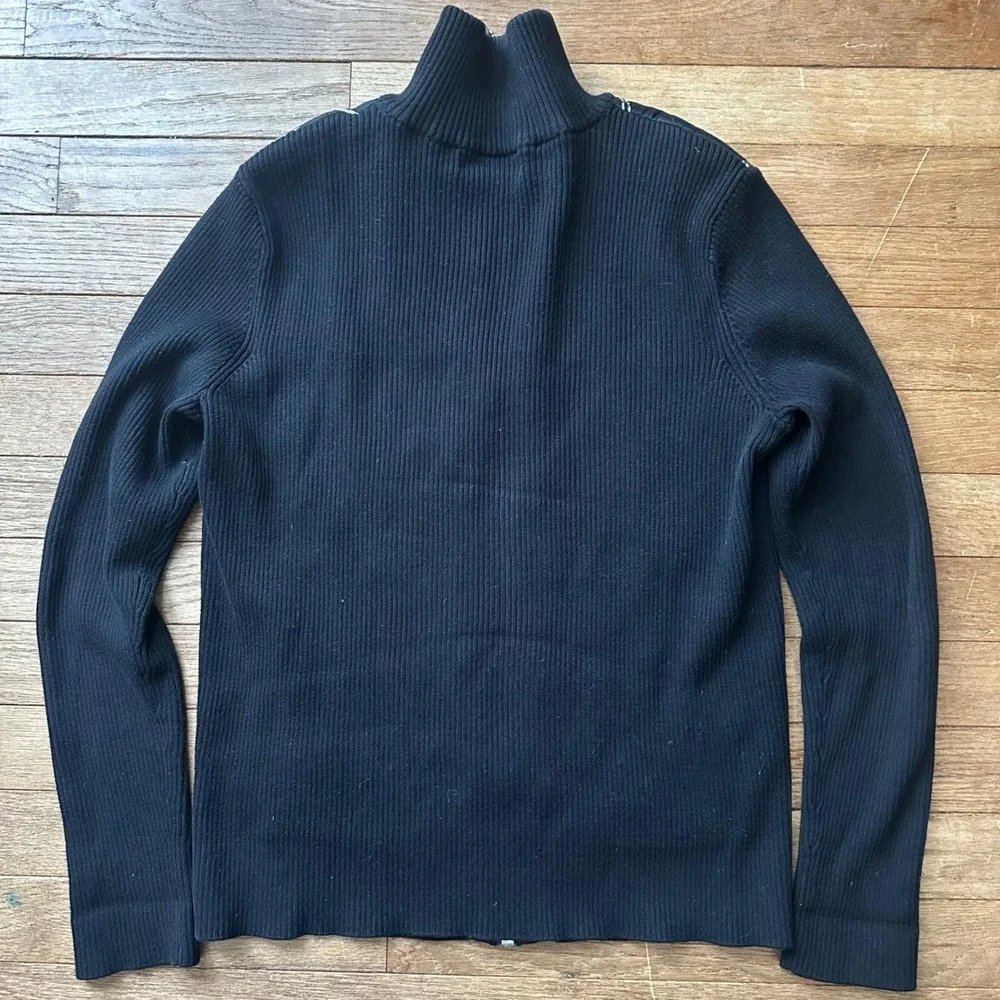Vtg Lauren Ralph Lauren Womens Black Quilted Equestrian Print Zip Up‎ Sweater  S